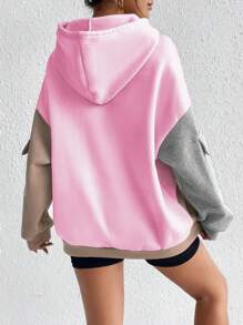 Flirla Women's Solid Color Splice Long Sleeve Pocket Minimalist Hoodie Sweatshirt