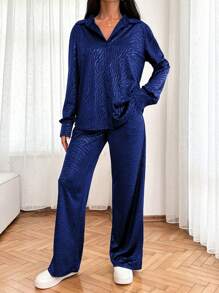 SHEIN Cottnline Foil Leopard Printed Blouse And Drawstring Slant Pockets Long Pants Elegant Cozy 2pcs Set - Blue - View 7