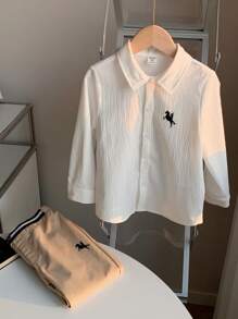 SHEIN 2pcs Young Boys Academia Deer Logo White Collar Long Sleeve Shirt And Pants Set,Family Matching,Back-To-School,Summer,White Outfits For Fall/Winter - Khaki - View 8