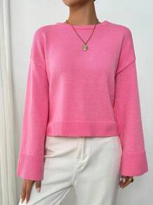 SHEIN Unity Women Loose Round Neck Drop Shoulder Solid Color Casual Sweater For Autumn/Winter, Knit Pullover Fall - Pink - View 4