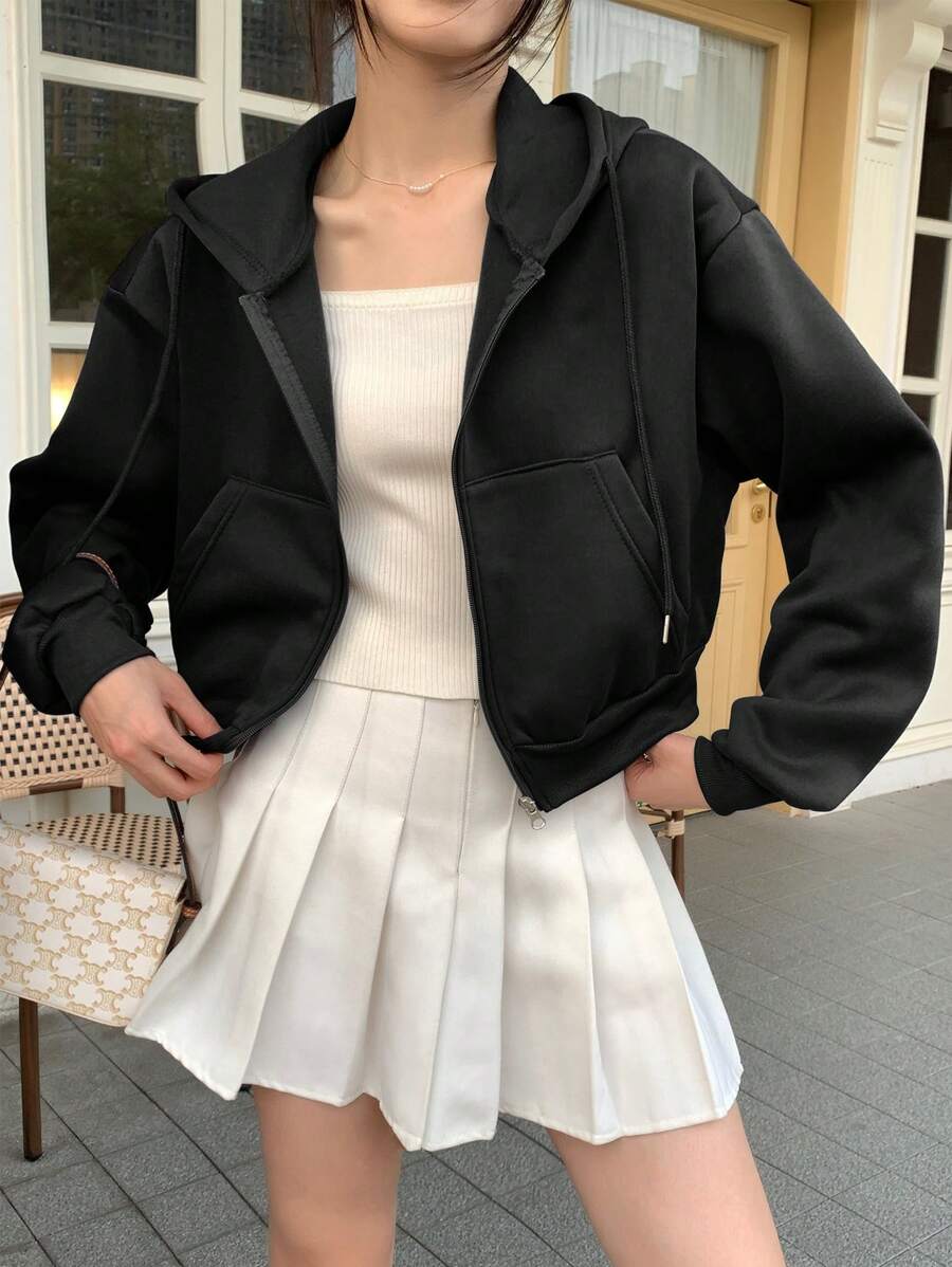 INAWLY 女士纯色前拉链落肩长袖连帽运动衫，秋冬款