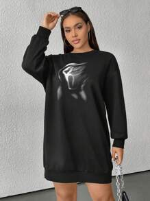 SHEIN EZwear Plus Size Winter Round Neck Long Sleeve Printed Minimalist Short Dress - Black - View 1