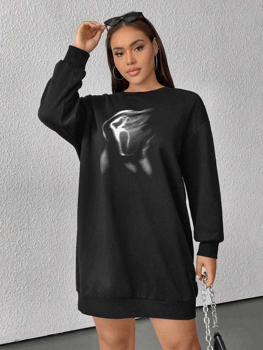 SHEIN EZwear Plus Size Winter Round Neck Long Sleeve Printed Minimalist Short Dress - Black - View 1