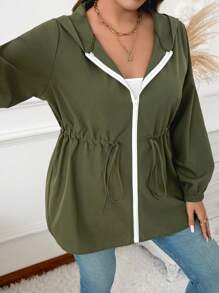 SHEIN LUNE Plus Size Women Casual Solid Color Lantern Sleeve Drawstring Waist Zipper Front Hooded Coat, Autumn Winter Green Holiday Outfit Thermal