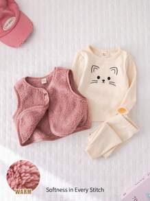 Cozy Pixies Bộ 3 món/Bộ áo nỉ dài tay cổ tròn họa tiết mèo hoạt hình ấm áp mùa đông cho bé gái, quần dài màu trơn cạp chun và áo vest nhung không tay - Nhiều màu - Xem 5