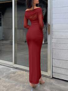 Firerie Women White Asymmetrical Neckline Long Sleeve Dress With Side Slit - Red - View 2