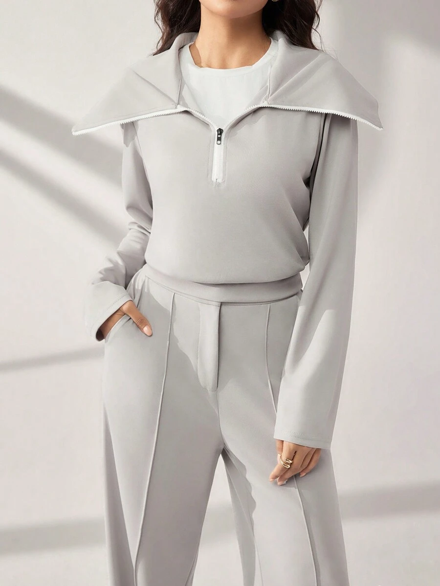 Mulvari 2 pièces Ensemble Top et pantalon de sport décontracté d'automne pour femmes avec couleurs contrastées