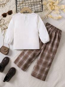 SHEIN Young Girl Fashion Casual Ruffle Trim White Shirt Matched With Plaid Straight Wide-Leg Pants, 2pcs Set - Purple - View 2