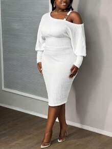 Slaydiva Đầm dài đến đầu gối, dáng suông màu trắng trơn, sang trọng, dự tiệc, hẹn hò, một bên vai, khóa kim loại, dây đeo nối, vải có họa tiết, cỡ lớn, mùa xuân thu - trắng - Xem 10