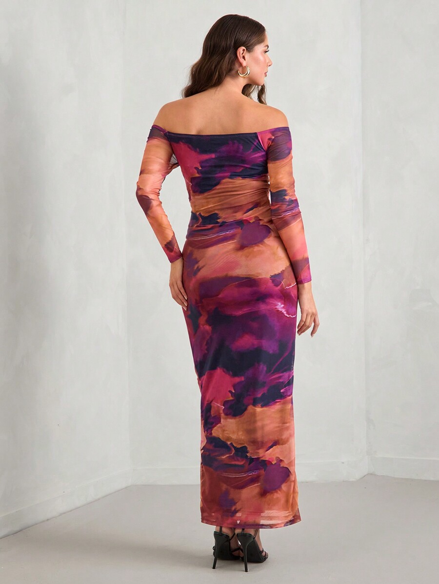 SHEIN MaterniChic Off Shoulder Ruched Rose Flower Decor Dress For