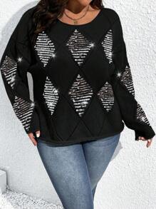 SHEIN Unity Plus Size Women Spring & Autumn Round Neck Drop Shoulder Hollow Out Sequins Decor Daily Pullover Sweater, Grey, For Winter Knit Pullover Fall Sweater - Black - View 5