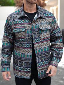 Manfinity Homme Men's Button-Front Long Sleeve Pocket All-Over Print Casual Jacket - Multicolor - View 4