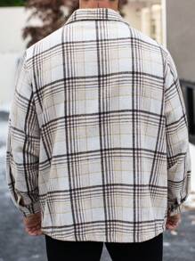 Manfinity Homme Men's Plaid Print Button Up Pocket Long Sleeve Coat, Fall Clothes