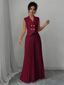 Elenzga Women's Solid Color Front Button Sleeveless Simple Top And Pants Suit, Elegant Set