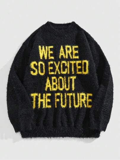 Street Life Jersey de cuello redondo para hombres con estampado jacquard de letras y textura suave, estilo casual estadounidense