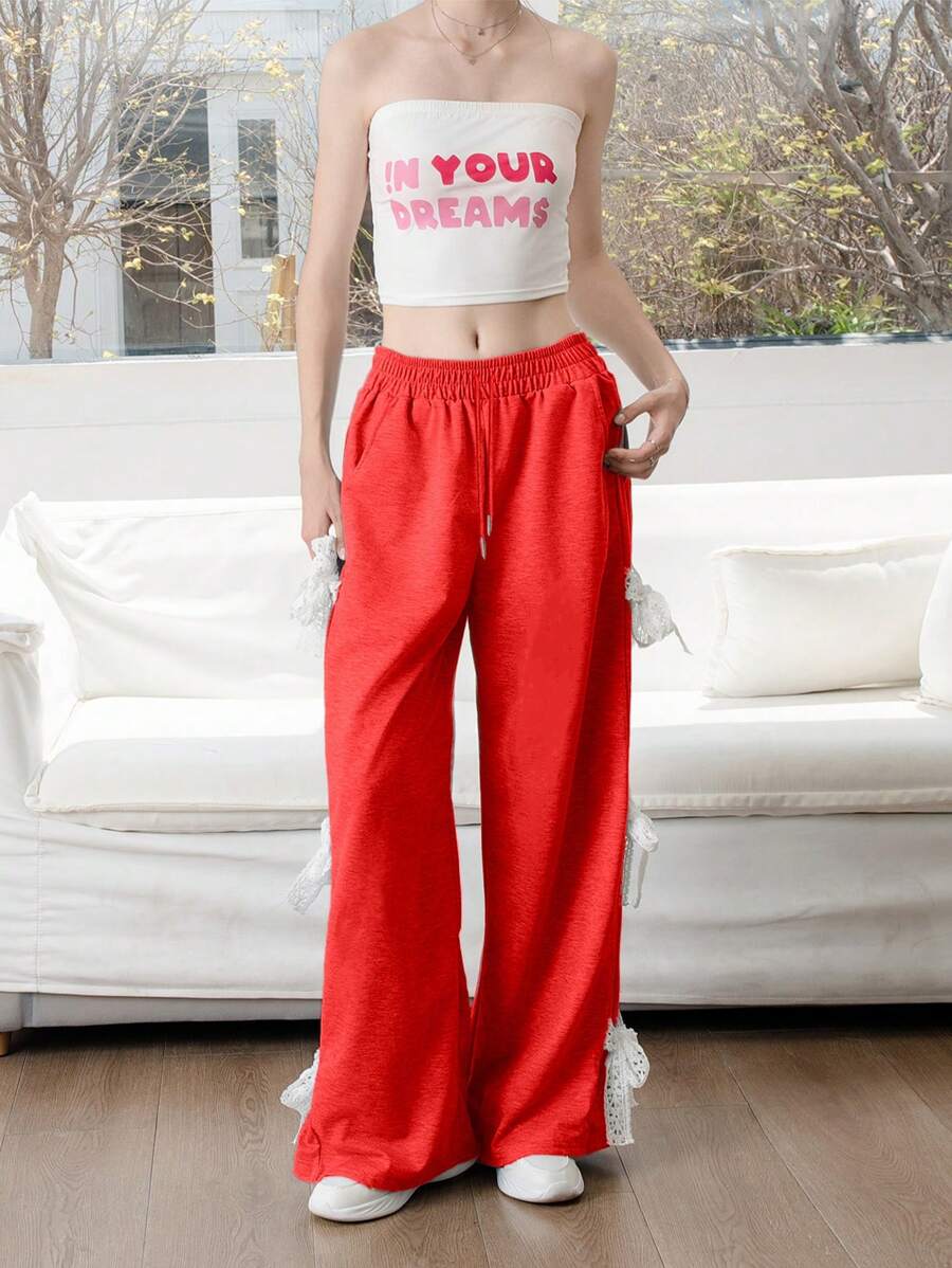 INAWLY Women's Casual Contrast Color Drawstring Pocket Bow Decoration Pants Fall Cloth For Women - Red - View 1