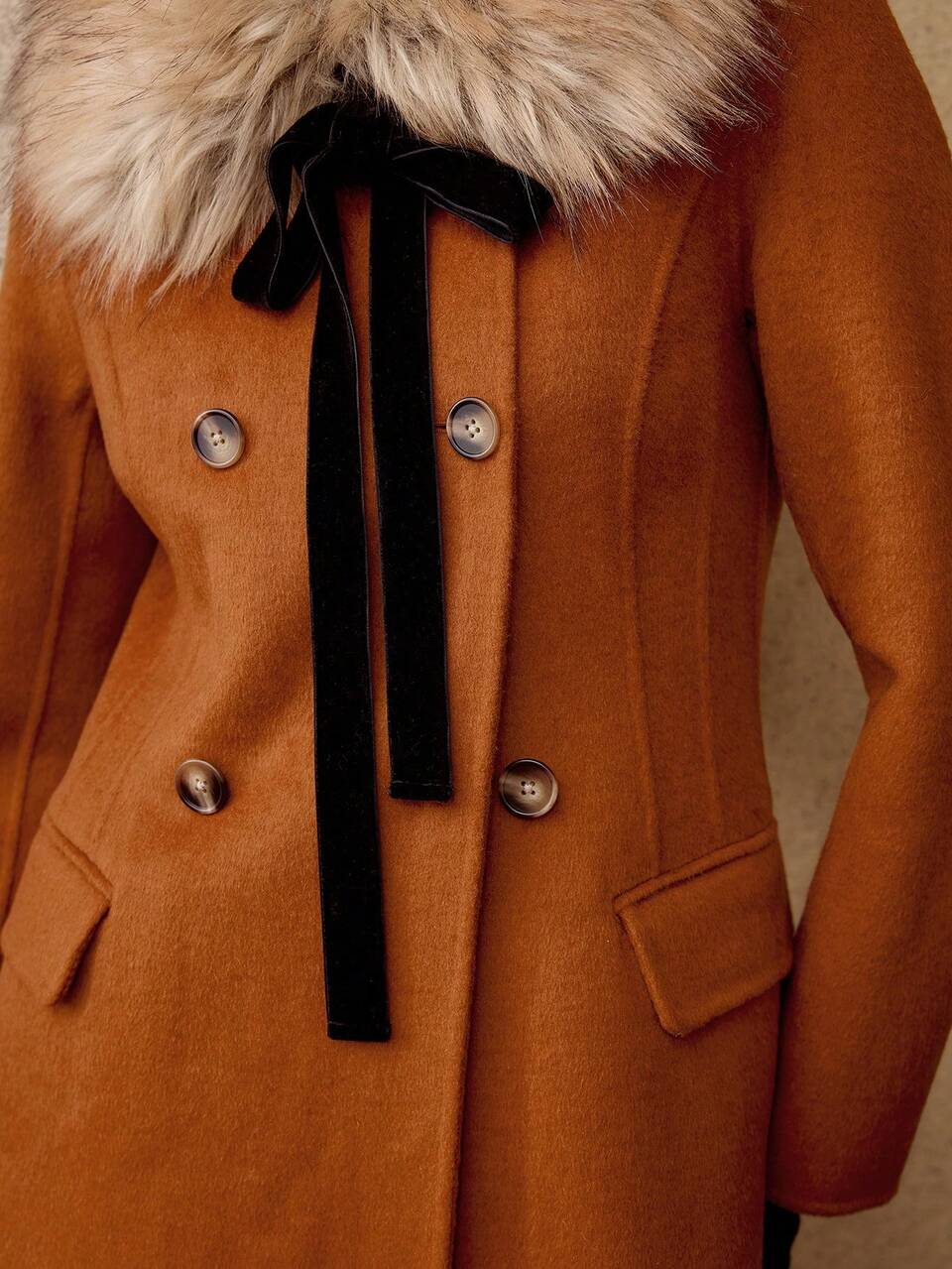 WOOL BLEND FLUFFY COLLAR TIE NECK PEA OVERCOAT