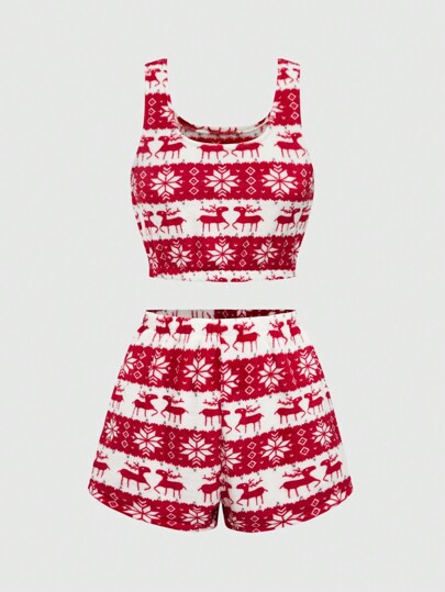Christmas Plush Tank Top & Shorts Loungewear Pajama Set, For Holiday