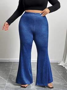 SHEIN CURVE+ Pantaloni a zampa con effetto denim, modellanti e sensuali, vita raccolta sul retro, in taglie forti - Blu - Visualizzare 8