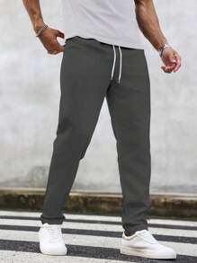 Manfinity Homme 男士前系带口袋休闲长裤，简约设计，适合日常穿着 - 深灰色 - 查看 3