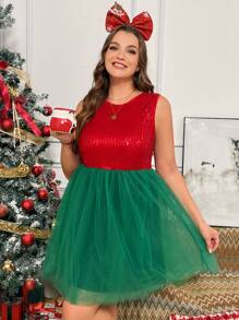 SHEIN Essnce 大码女士红色节日连衣裙、圣诞连衣裙、亮片连衣裙、圣诞女装圣诞女装、圣诞派对连衣裙圣诞连衣裙、红绿蓬蓬裙、芭蕾舞裙 - 紅色 - 查看 5