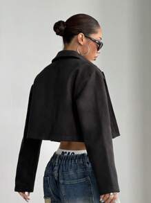 Lunelith SHEIN Lunessa Women's Solid Color Front Zipper Long Sleeve Pocket Minimalist Blouse, Casual Daily Wear