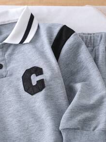 2pcs/Set Young Girl Fashion Casual Minimalist Letter C Graphic Polo Collar Long Sleeve Top + Striped Comfortable Pants, Korean Style Suit For Back To School Season, Spring Autumn - Grey - View 3