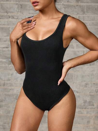SHEIN Sports Jumpsuit Camisole Wanita Polos dengan Pinggang Bergaris dan Tali Pengikat, Cocok untuk Kebugaran & Olahraga Sehari-hari