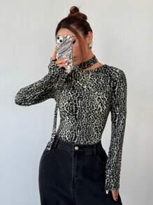 SHEIN Unity 新款露肩豹纹纹理 T 恤，秋冬款 - 彩色 - 查看 5