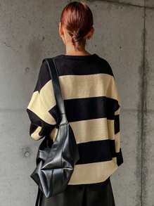 FRIFUL 女士休闲日常装拼色条纹圆领蝙蝠袖宽松针织毛衣，秋冬 - 黑色 - 查看 5