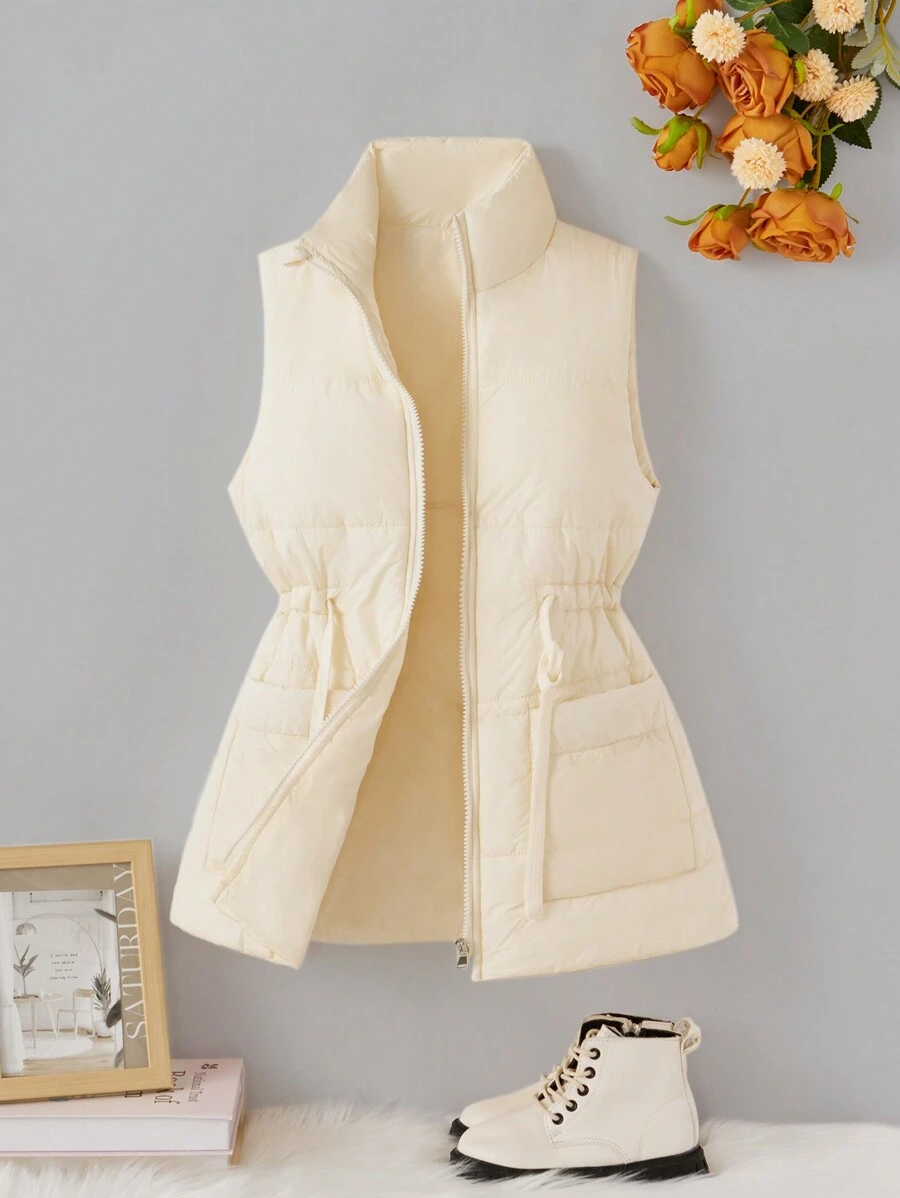 Tween Girl Fashion Stand Collar Waist Pocket Warm Padded Black Vest, Suitable For Outdoor