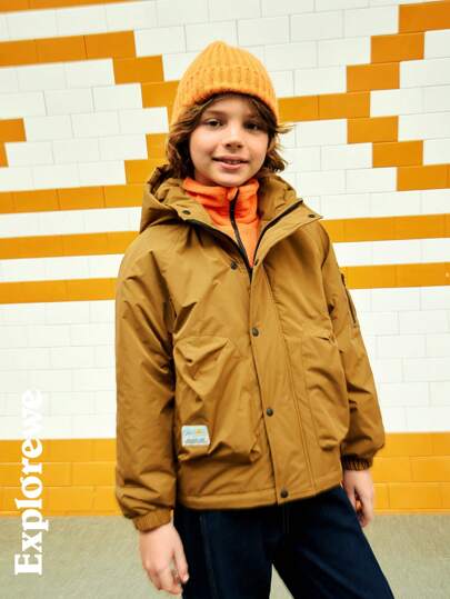 SHEIN 户外休闲风衣连帽夹克，适合青少年男孩，防风保暖加厚棉服，适合户外运动和休闲活动