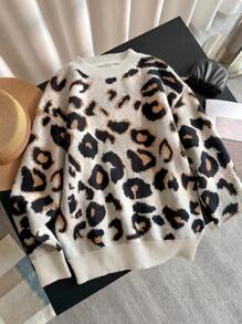 SHEIN LUNE Jersey de punto con cuello redondo, recorte de estampado de leopardo y manga larga, de mezcla de lana suave, de moda y versátil, para otoño/invierno