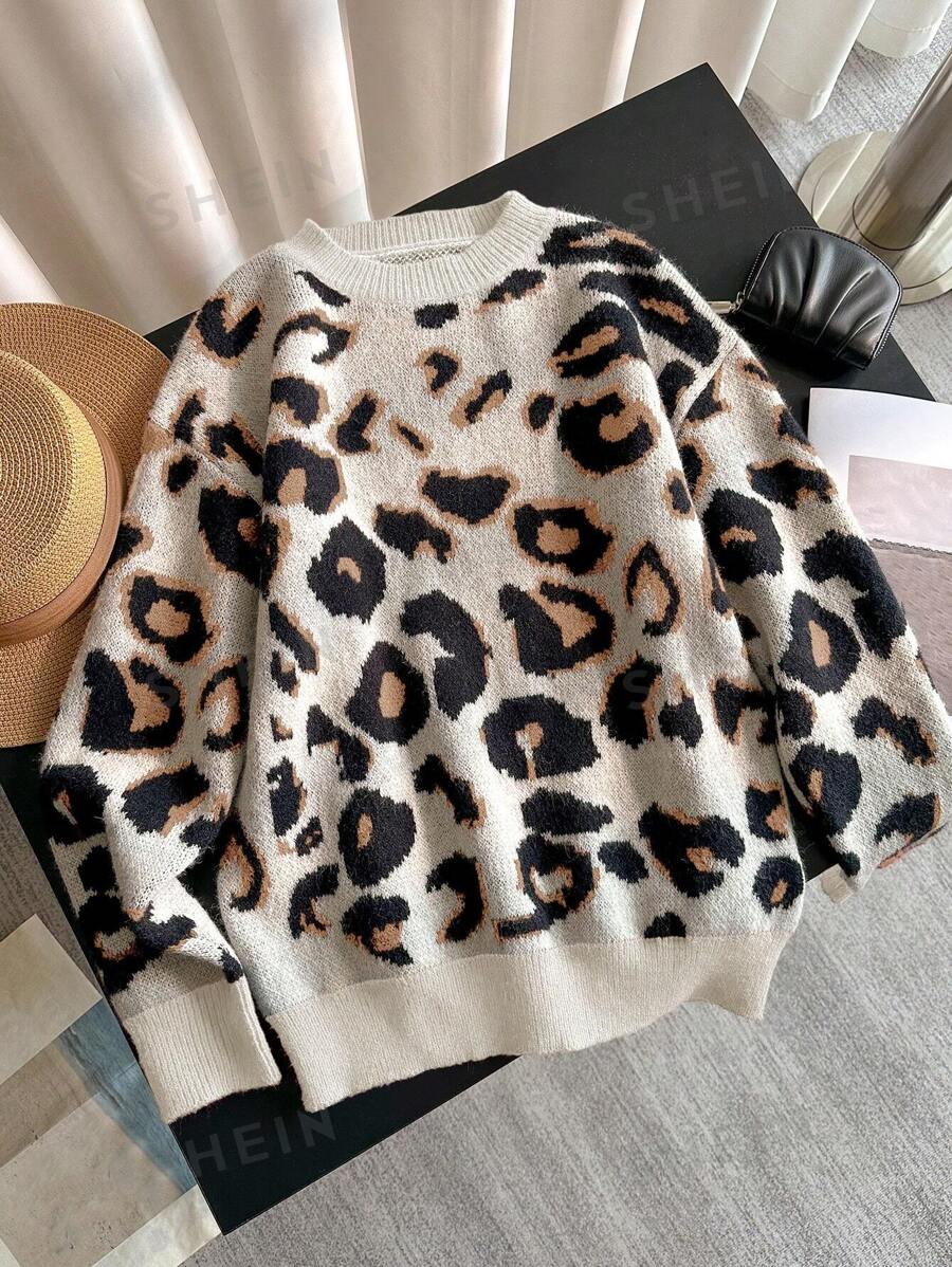SHEIN LUNE Jersey de punto con cuello redondo, recorte de estampado de leopardo y manga larga, de mezcla de lana suave, de moda y versátil, para otoño/invierno