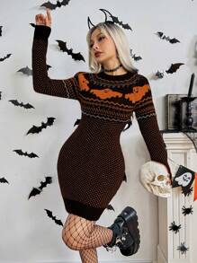 Chiquease Halloween Vibe Vintage Polka Dot Embossed Fitted Tight Bodycon Mini Dress, Stylish For Autumn/Winter, European And American Style