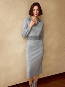 MOTF PREMIUM COLORBLOCK V-COLLAR CROP SWEATER & PENCIL KNIT SKIRT SET - Grey - View 4
