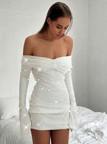 Aloruh Elegant Sequin Off-Shoulder Trumpet Sleeve Fitted Christmas Party Dress, For Autumn & Winter - White - View 7