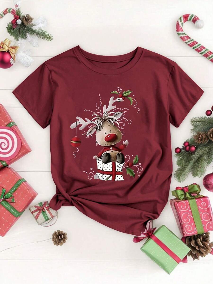 SHEIN Essnce Women's Holiday Christmas Printed TShirt, Casual Round Neck, Knitted Fabrics