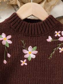 SHEIN Vintaside Kids Retro Blumen gestickte Rundhalspullover für Kleine Mädchen, Vintage Landhausstil grüner Pullover für Herbst/Winter