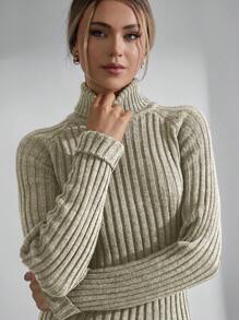 EURMUSE 女士纯色高领长袖迷你连衣裙，休闲日常穿着 - 米色 - 查看 5