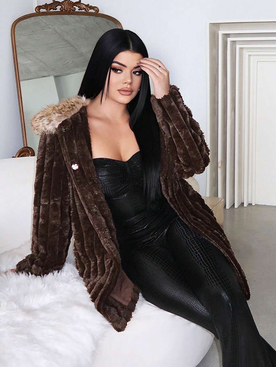 SHEIN SXY 女式长款豹纹拼布蓬松外套(冬季) - 棕色 - 查看 1