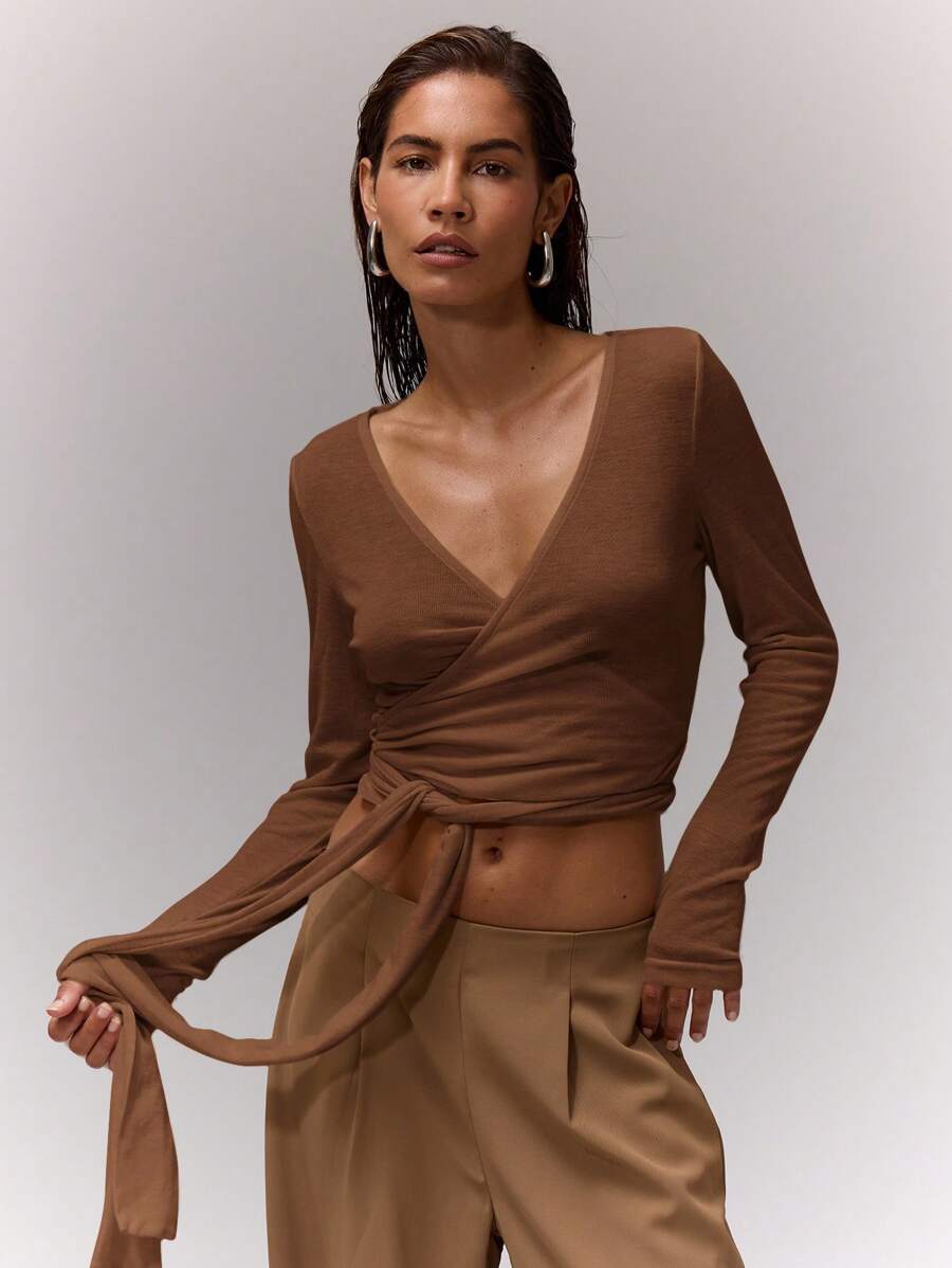 MUSERA V Neck Wrap Tie Crop Top Casual Summer Sexy Cute Airport Holiday Fall Back To School