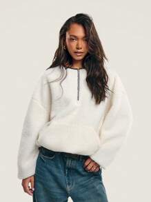 Athîral 女士奶油色咖啡色饰边前拉链长袖圆领落肩口袋休闲夹克，极简主义设计，适合日常穿着温暖寒冷天气保暖奶油棕色撞色泰迪外套 - 奶油色 - 查看 4