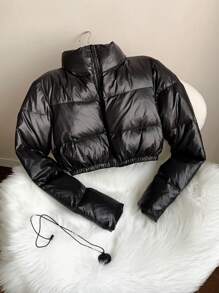 SHEIN EZwear Plain Zippered Long Sleeve Cropped Minimalist Casual Top