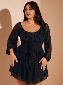 SHEIN BAE 大码女式荷叶边下摆纯黑色弹力网眼迷你连衣裙，适合甜美派对和约会之夜风格，秋冬