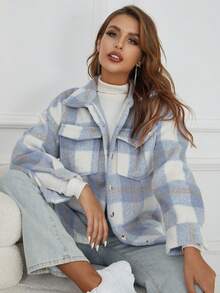 Eilly Bazar 格紋弧形下擺翻蓋口袋落肩袖花呢外套 - 霧霾藍 - 查看 3