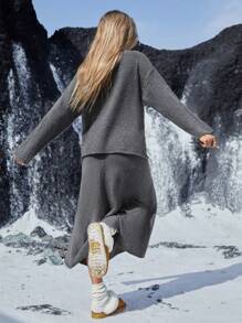 Aveloria Affinna Conjunto de 2 piezas de suéter de cuello redondo con dobladillo rizado y falda larga de punto holgado, estilo retro, para uso cómodo en otoño/invierno