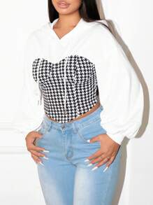 Zolique Women Casual Patchwork Houndstooth Print Hoodie Sweatshirt, Autumn Pullover Fall Outfit