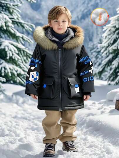 SHEIN Ung pojke Trendig gatustil Lång huva, avtagbar pälsfoder Vadderad , moderiktig grafik, design med flera fickor, kvalitetstyg och hantverk, varmt och bekvämt, lämpligt för 4-7 år gammalt fritids-, skol-, utflykts- och festkläder