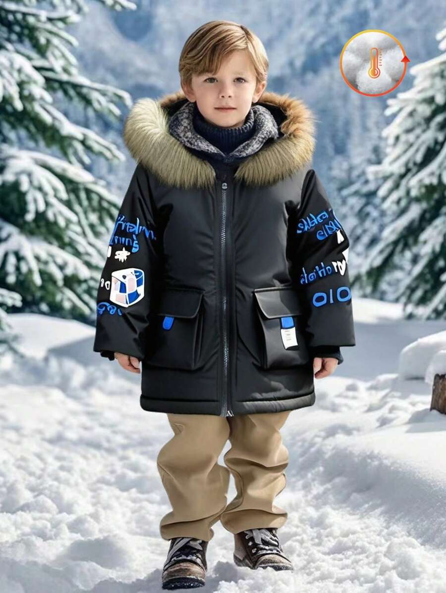 SHEIN Young Boy Street Style Long Hooded Removable Fur Lining Padded Coat, Fashionable Graphic, Multi-Pockets Design, Quality Fabric And Craftsmanship, Warm And Comfortable, Suitable For 4-7 Years Old Casual, School, Outing And Party Wear - Black - View 1